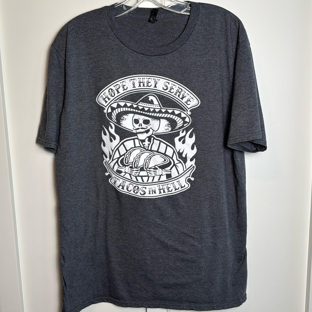 Anvil Lightweight Skeleton Tacos in Hell Graphic T Shirt Charcoal‎ Gray Womens L